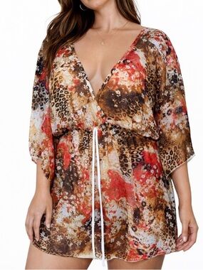 Charming Charlie orange & tan V-neck lightweight crossover babydoll style SZ 3X